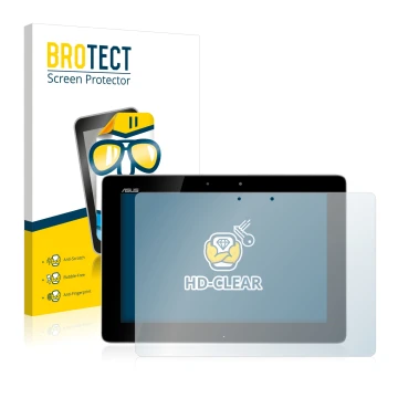 Face avant d’un emballage produit avec le logo de la marque BROTECT. À côté, l’appareil ASUS Transformer Pad TF300T est représ