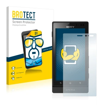 Face avant d’un emballage produit avec le logo de la marque BROTECT. À côté, l’appareil Sony Xperia Sola MT27i est représenté 