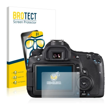 Face avant d’un emballage produit avec le logo de la marque BROTECT. À côté, l’appareil Canon EOS 650D est représenté avec la 