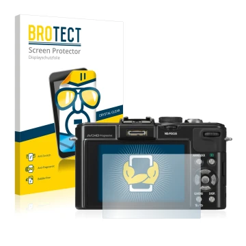 Face avant d’un emballage produit avec le logo de la marque BROTECT. À côté, l’appareil Panasonic Lumix DMC-LX7 est représenté