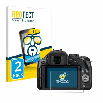 Face avant d’un emballage produit avec le logo de la marque BROTECT. À côté, l’appareil Panasonic Lumix DMC-G5 est représenté 