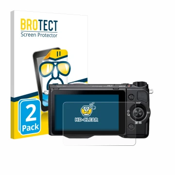 Face avant d’un emballage produit avec le logo de la marque BROTECT. À côté, l’appareil Sony Alpha NEX-5R est représenté avec 