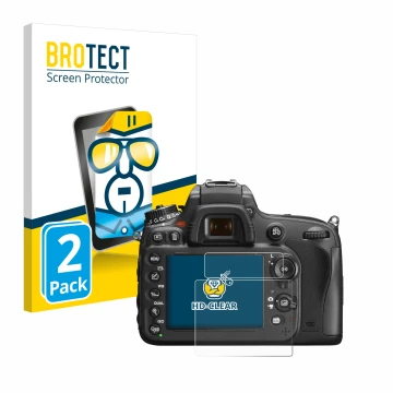 Face avant d’un emballage produit avec le logo de la marque BROTECT. À côté, l’appareil Nikon D600 est représenté avec la prot