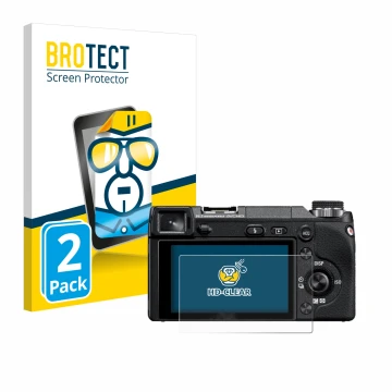 Face avant d’un emballage produit avec le logo de la marque BROTECT. À côté, l’appareil Sony Alpha NEX-6 est représenté avec l