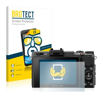 Face avant d’un emballage produit avec le logo de la marque BROTECT. À côté, l’appareil Olympus Stylus XZ-2 est représenté ave