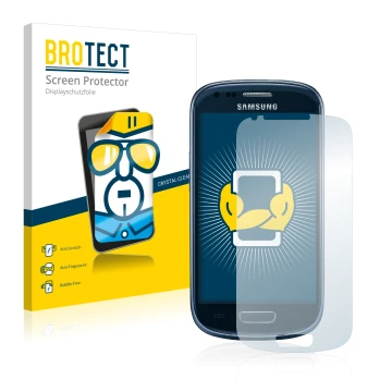 Face avant d’un emballage produit avec le logo de la marque BROTECT. À côté, l’appareil Samsung Galaxy S3 Mini I8190 est repré