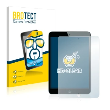 Face avant d’un emballage produit avec le logo de la marque BROTECT. À côté, l’appareil Apple iPad Mini 1 2012 est représenté 