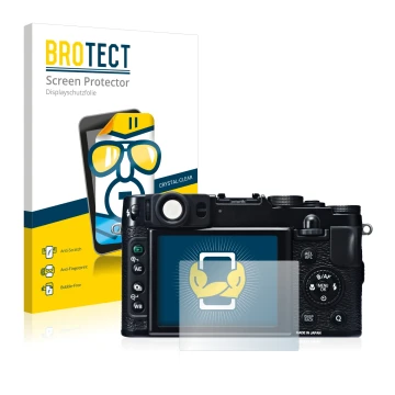 Face avant d’un emballage produit avec le logo de la marque BROTECT. À côté, l’appareil Fujifilm X20 est représenté avec la pr