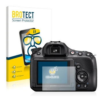 Face avant d’un emballage produit avec le logo de la marque BROTECT. À côté, l’appareil Sony Alpha 58 (SLT-A58) est représenté