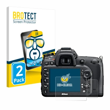 Face avant d’un emballage produit avec le logo de la marque BROTECT. À côté, l’appareil Nikon D7100 est représenté avec la pro
