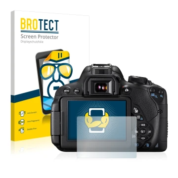 Face avant d’un emballage produit avec le logo de la marque BROTECT. À côté, l’appareil Canon EOS 700D est représenté avec la 