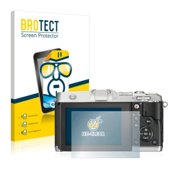 Face avant d’un emballage produit avec le logo de la marque BROTECT. À côté, l’appareil Olympus PEN E-P5 est représenté avec l