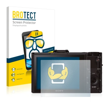 Face avant d’un emballage produit avec le logo de la marque BROTECT. À côté, l’appareil Sony Cyber-Shot DSC-RX100 II est repré