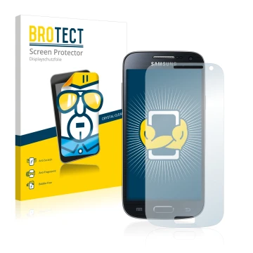 Face avant d’un emballage produit avec le logo de la marque BROTECT. À côté, l’appareil Samsung Galaxy S4 Mini LTE (4G) I9195 