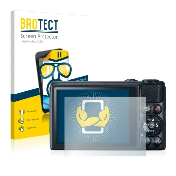 Face avant d’un emballage produit avec le logo de la marque BROTECT. À côté, l’appareil Canon PowerShot S120 est représenté av