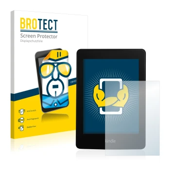 Face avant d’un emballage produit avec le logo de la marque BROTECT. À côté, l’appareil Amazon Kindle Paperwhite 2013 est repr