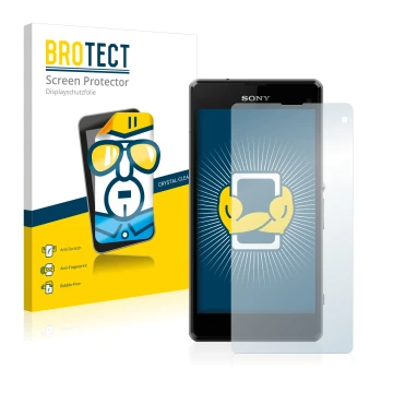 Face avant d’un emballage produit avec le logo de la marque BROTECT. À côté, l’appareil Sony Xperia Z1 Compact D5503 est repré