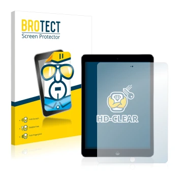 Face avant d’un emballage produit avec le logo de la marque BROTECT. À côté, l’appareil Apple iPad Air 2013 est représenté ave