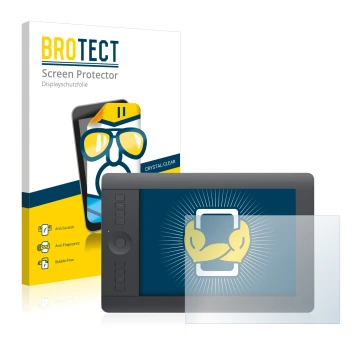 Face avant d’un emballage produit avec le logo de la marque BROTECT. À côté, l’appareil Wacom Intuos Pro S est représenté avec
