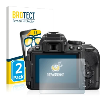 Face avant d’un emballage produit avec le logo de la marque BROTECT. À côté, l’appareil Nikon D5300 est représenté avec la pro