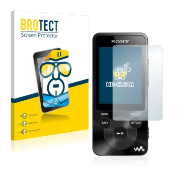Face avant d’un emballage produit avec le logo de la marque BROTECT. À côté, l’appareil Sony Walkman NWZ-E585 est représenté a