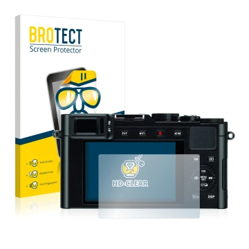 Face avant d’un emballage produit avec le logo de la marque BROTECT. À côté, l’appareil Leica D-Lux (Typ 109) est représenté a