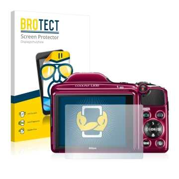 Face avant d’un emballage produit avec le logo de la marque BROTECT. À côté, l’appareil Nikon Coolpix L830 est représenté avec