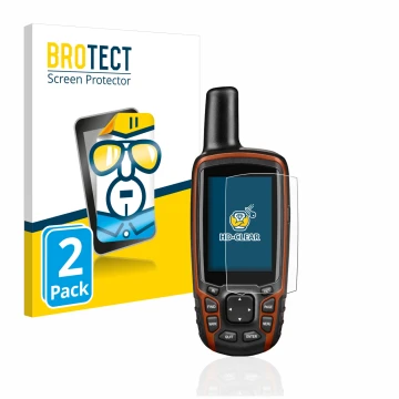 Face avant d’un emballage produit avec le logo de la marque BROTECT. À côté, l’appareil Garmin GPSMAP 64s est représenté avec 