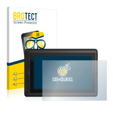 Face avant d’un emballage produit avec le logo de la marque BROTECT. À côté, l’appareil Wacom Cintiq 13 HD est représenté avec