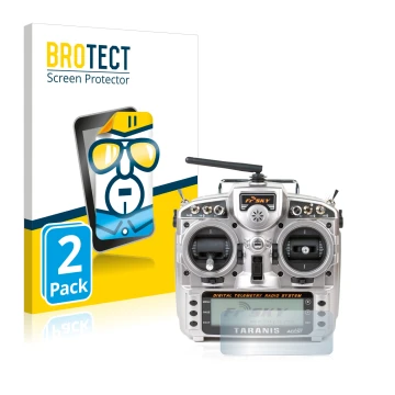 Face avant d’un emballage produit avec le logo de la marque BROTECT. À côté, l’appareil FrSky Taranis X9D est représenté avec 