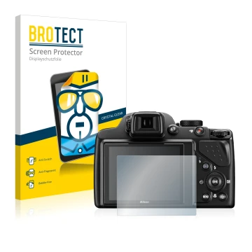 Face avant d’un emballage produit avec le logo de la marque BROTECT. À côté, l’appareil Nikon Coolpix P530 est représenté avec