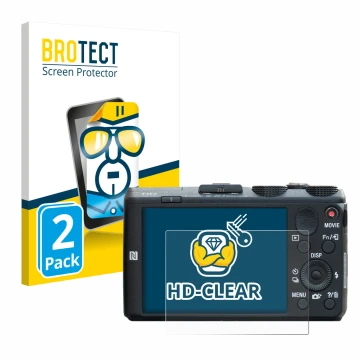 Face avant d’un emballage produit avec le logo de la marque BROTECT. À côté, l’appareil Sony Cyber-Shot DSC-HX60 est représent