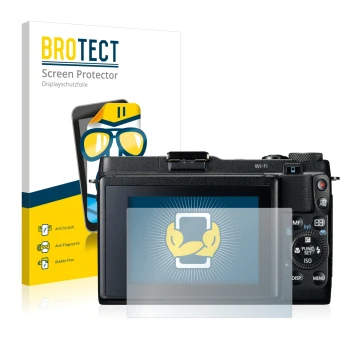 Face avant d’un emballage produit avec le logo de la marque BROTECT. À côté, l’appareil Canon PowerShot G1 X Mark II est repré