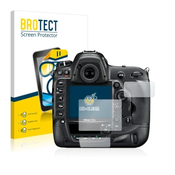 Face avant d’un emballage produit avec le logo de la marque BROTECT. À côté, l’appareil Nikon D4S est représenté avec la prote
