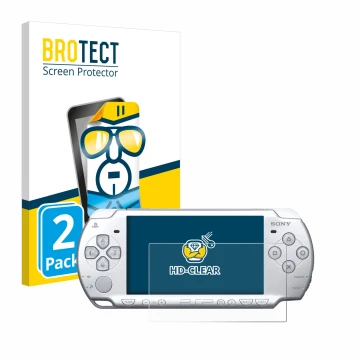 Face avant d’un emballage produit avec le logo de la marque BROTECT. À côté, l’appareil Sony PSP 2004 est représenté avec la p