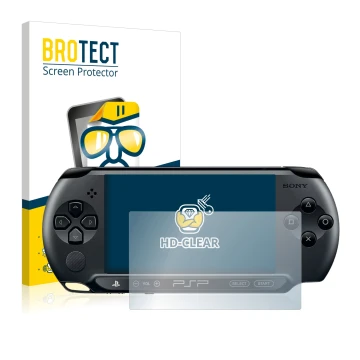 Face avant d’un emballage produit avec le logo de la marque BROTECT. À côté, l’appareil Sony PSP 2000 est représenté avec la p