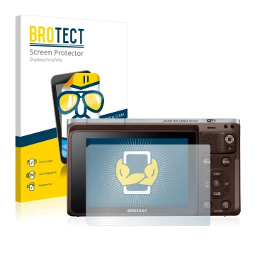 Face avant d’un emballage produit avec le logo de la marque BROTECT. À côté, l’appareil Samsung NX Mini est représenté avec la