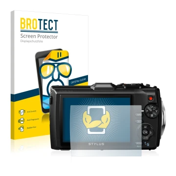 Face avant d’un emballage produit avec le logo de la marque BROTECT. À côté, l’appareil Olympus Stylus Tough TG-3 est représen