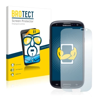 Face avant d’un emballage produit avec le logo de la marque BROTECT. À côté, l’appareil Samsung Galaxy S3 Neo I9300I est repré