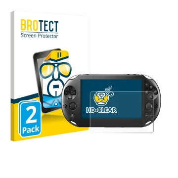 Face avant d’un emballage produit avec le logo de la marque BROTECT. À côté, l’appareil Sony Playstation PS Vita Slim est repr