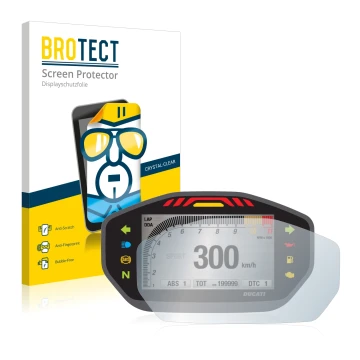 Face avant d’un emballage produit avec le logo de la marque BROTECT. À côté, l’appareil Ducati Monster 1200 Colour-TFT-Display