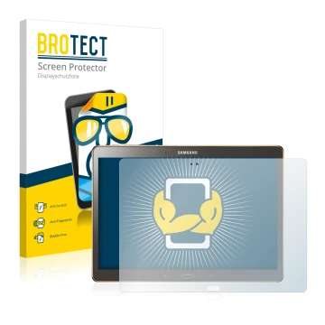 Face avant d’un emballage produit avec le logo de la marque BROTECT. À côté, l’appareil Samsung Galaxy Tab S 10.5 SM-T800 est 
