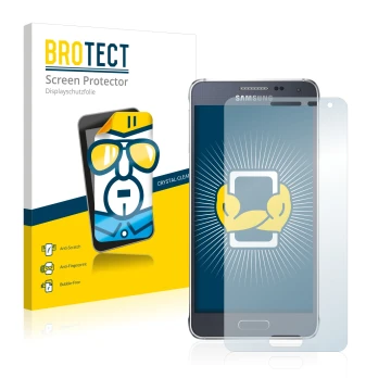 Face avant d’un emballage produit avec le logo de la marque BROTECT. À côté, l’appareil Samsung Galaxy Alpha SM-G850F est repr