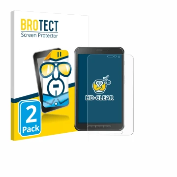 Face avant d’un emballage produit avec le logo de la marque BROTECT. À côté, l’appareil Samsung Galaxy Tab Active SM-T365 est 