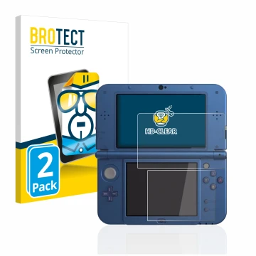Face avant d’un emballage produit avec le logo de la marque BROTECT. À côté, l’appareil Nintendo New 3DS XL est représenté ave