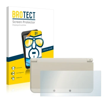 Face avant d’un emballage produit avec le logo de la marque BROTECT. À côté, l’appareil Nintendo New 3DS (boîtier) est représe