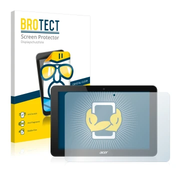 Face avant d’un emballage produit avec le logo de la marque BROTECT. À côté, l’appareil Acer Iconia Tab 10 A3-A20 est représen