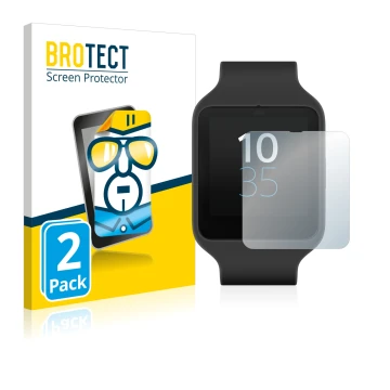 Face avant d’un emballage produit avec le logo de la marque BROTECT. À côté, l’appareil Sony Smartwatch 3 SWR50 est représenté
