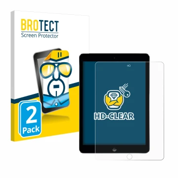 Face avant d’un emballage produit avec le logo de la marque BROTECT. À côté, l’appareil Apple iPad Air 2 2014 est représenté a