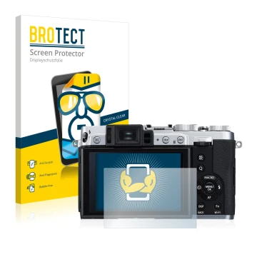 Face avant d’un emballage produit avec le logo de la marque BROTECT. À côté, l’appareil Fujifilm X30 est représenté avec la pr